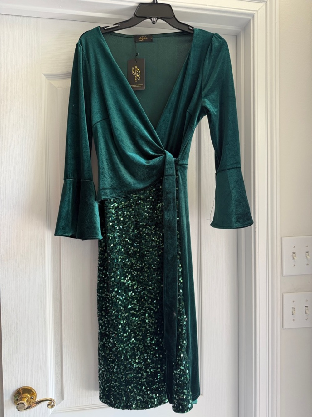 Emerald Green Velvet Wrap Dress with Sequin Skirt